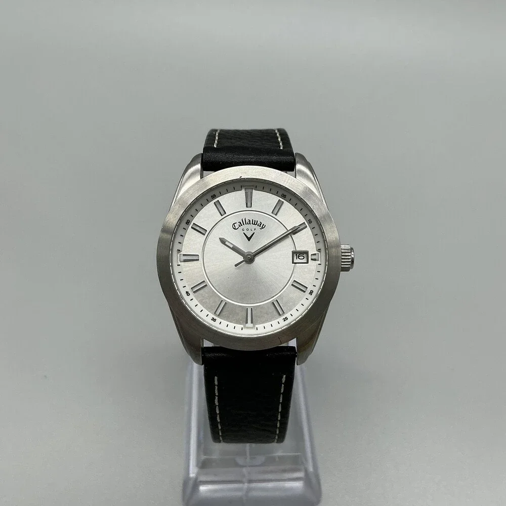 Callaway Golf Unisex Watch 33mm Silver Dial Black Leather Date 50m New Battery